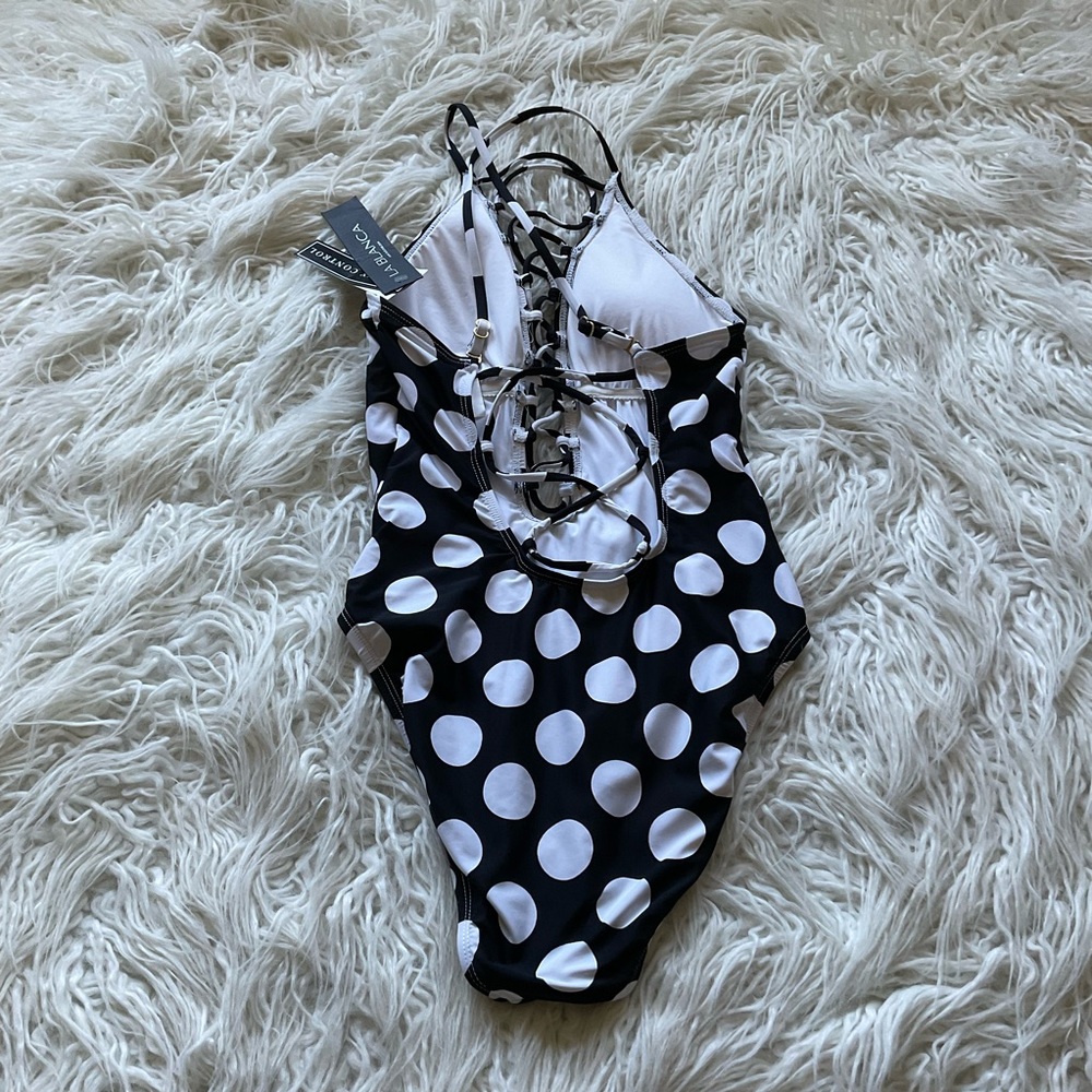 🆕 La Blanca Polka Dot Lace-Up Tummy Control One-Piece Swimsuit‎ - Picture 6 of 7